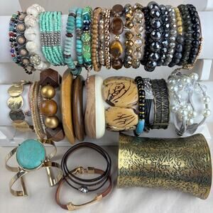 Vintage to Now Boho Bracelet Lot Wooden Turquoise Brass Gold Tone Western